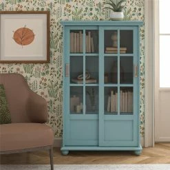 New 😀 Avenue Greene Abbeywood Bookcase With Sliding Glass Doors Pale Blue ⭐