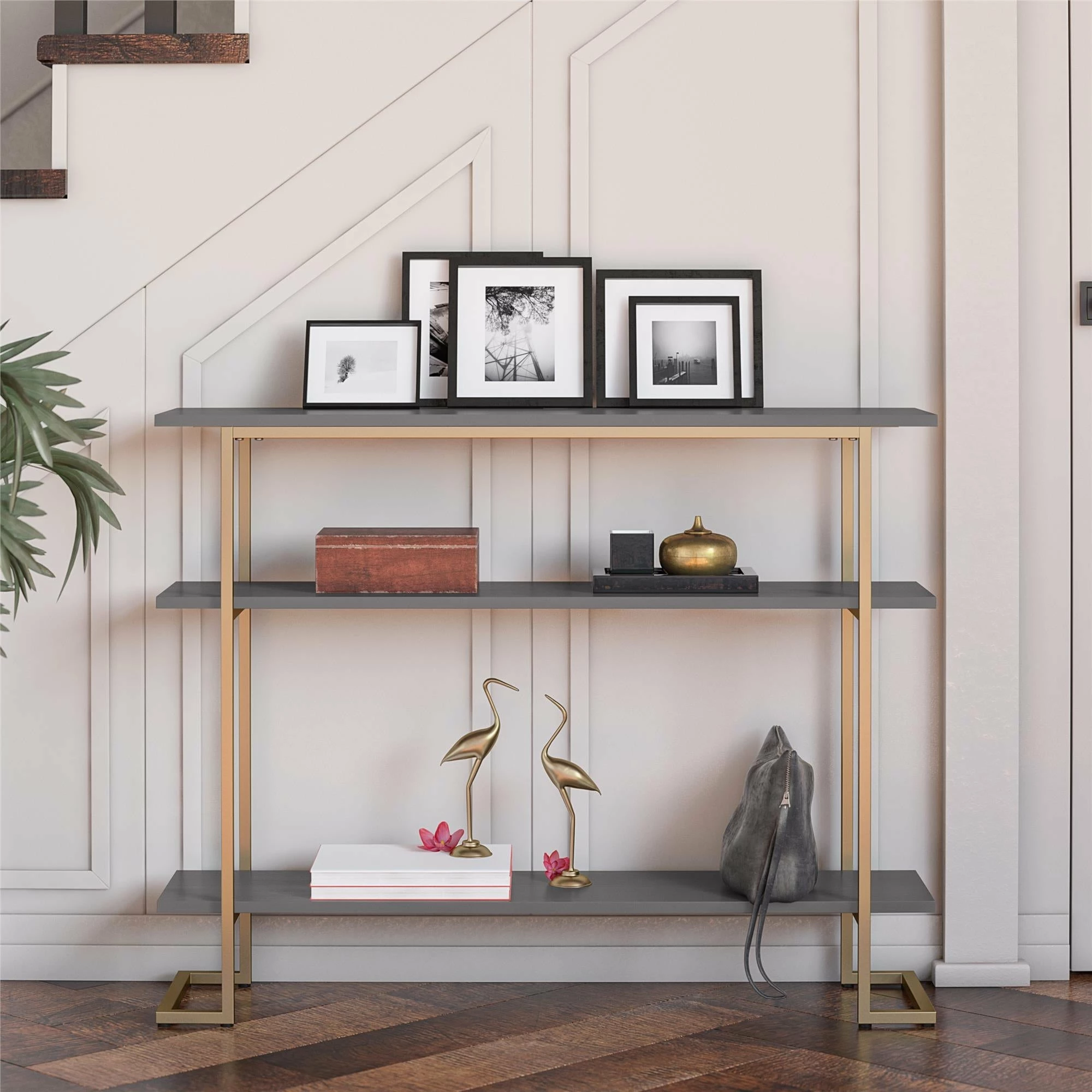 Brand new ๐ Avenue Greene Jade Console Sofa Table With 3 Open Shelves And Metal Frame Navy/gold โญ - Image 2