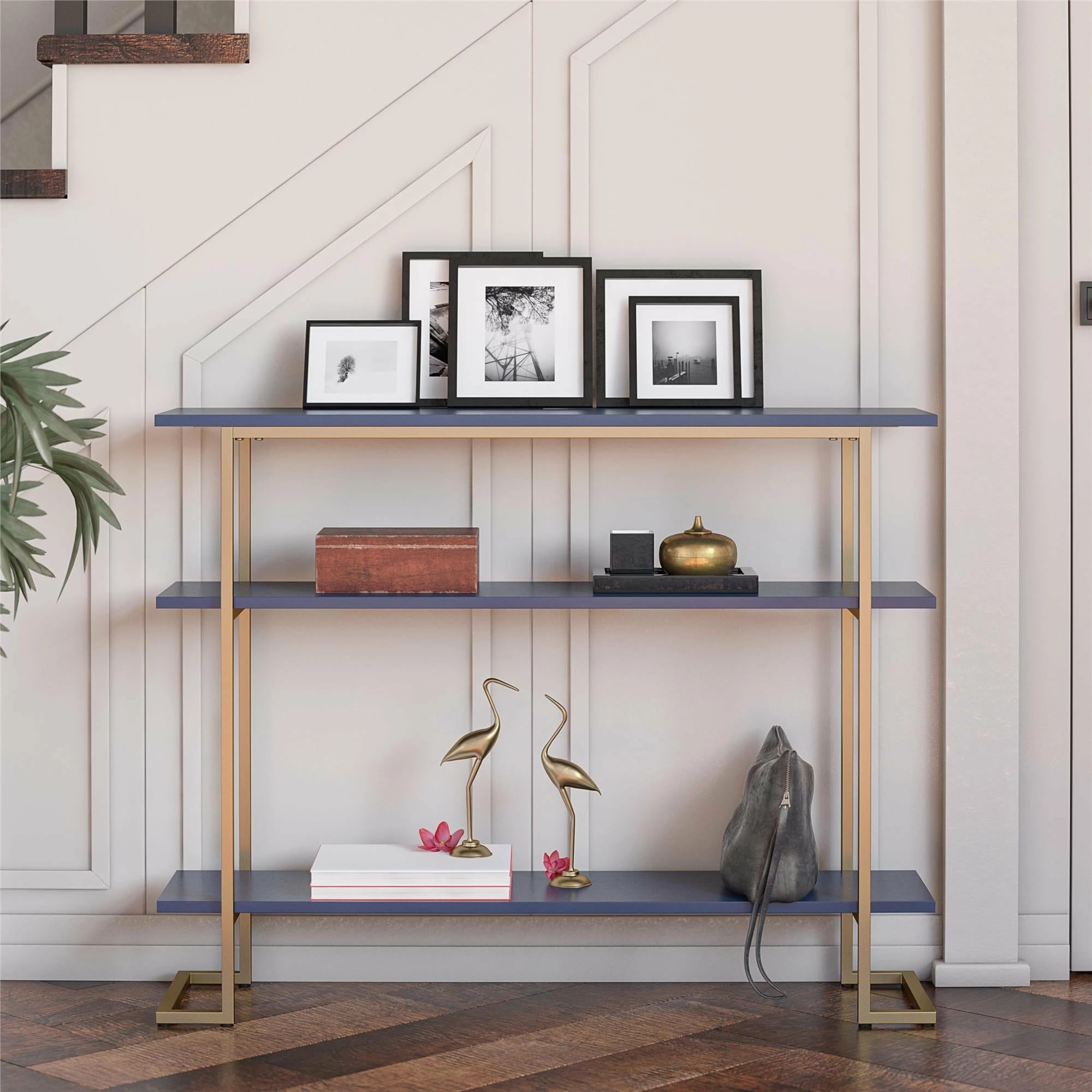 Brand new ๐ Avenue Greene Jade Console Sofa Table With 3 Open Shelves And Metal Frame Navy/gold โญ - Image 3