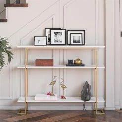 Brand new 🛒 Avenue Greene Jade Console Sofa Table With 3 Open Shelves And Metal Frame Navy/gold ⭐