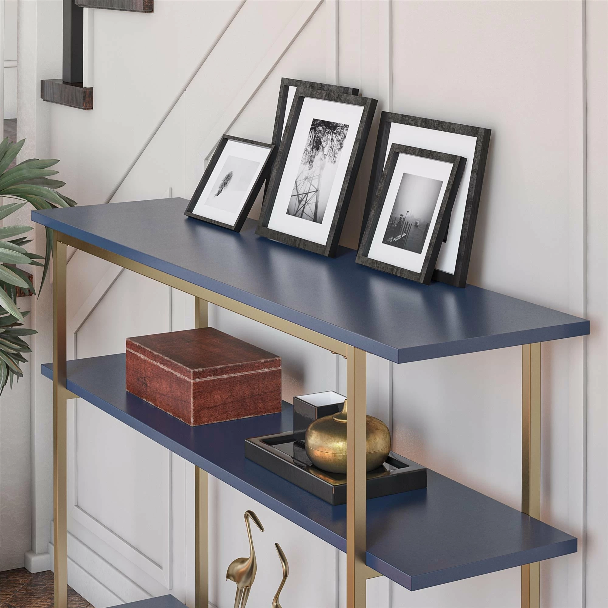 Brand new ๐ Avenue Greene Jade Console Sofa Table With 3 Open Shelves And Metal Frame Navy/gold โญ - Image 6