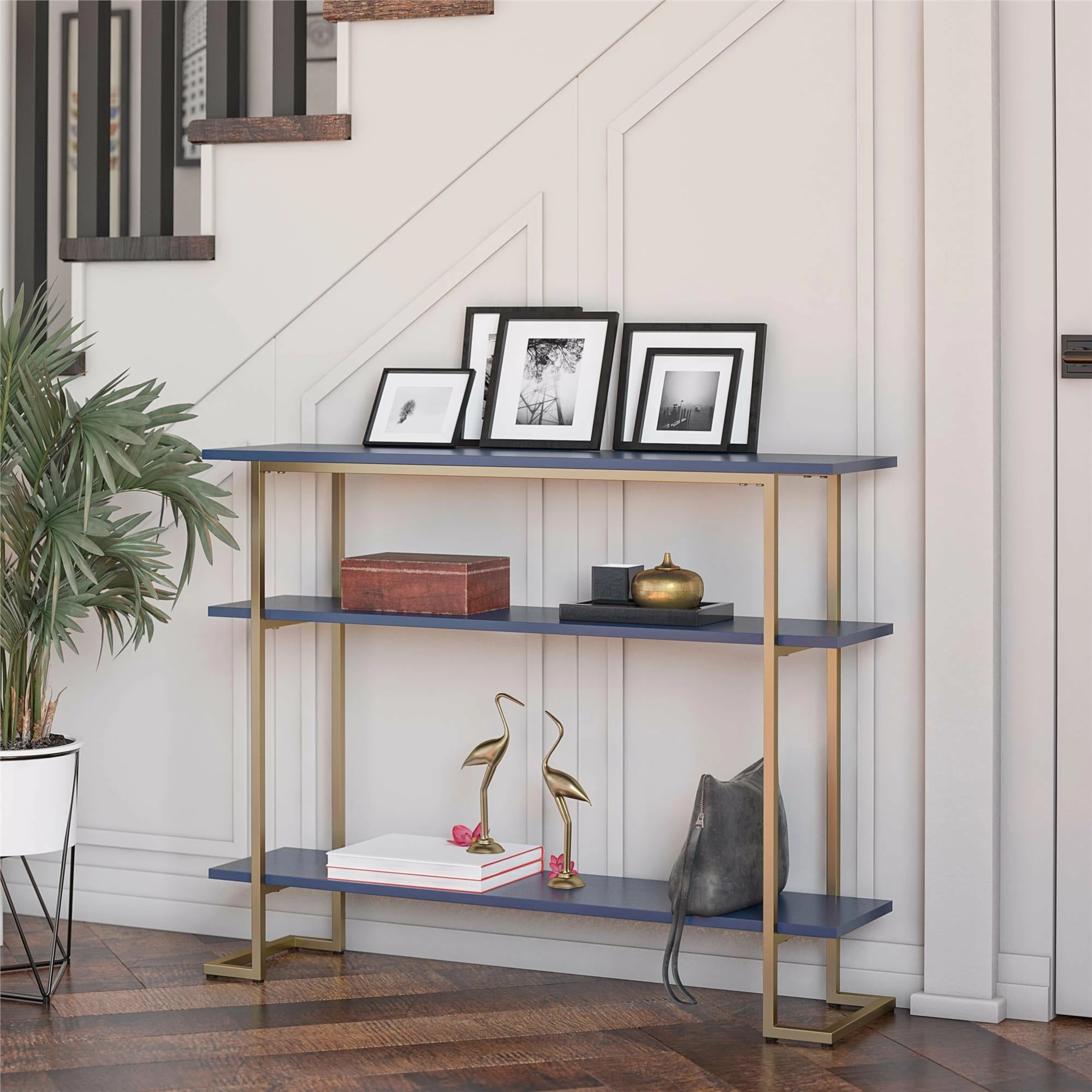Brand new ๐ Avenue Greene Jade Console Sofa Table With 3 Open Shelves And Metal Frame Navy/gold โญ - Image 8