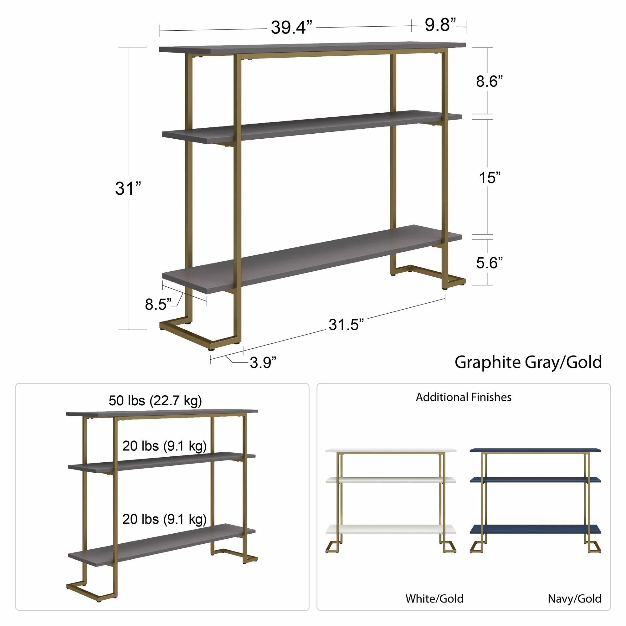 Brand new ๐ Avenue Greene Jade Console Sofa Table With 3 Open Shelves And Metal Frame Navy/gold โญ - Image 10