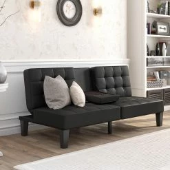Best Sale 😉 Avenue Greene Julian Black Faux Leather Convertible Futon With Cup Holder 🔔