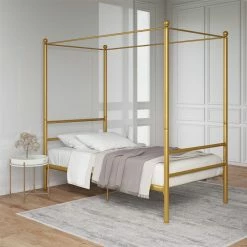 Outlet 👏 Avenue Greene Knox Four Post Metal Canopy Bed Gold 🎁