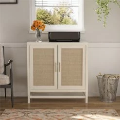 Promo 👏 Avenue Greene Leeds Faux Rattan 2 Door Storage Cabinet Ivory Oak/faux Rattan ⌛