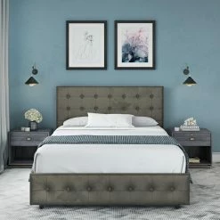 Best reviews of 🥰 Avenue Greene Stefanie Tufted Upholstered Platform Bed With Storage Grey Linen 😀